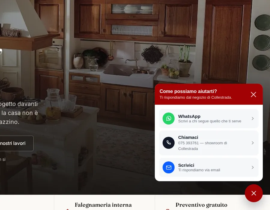 Il widget contatti aperto sul sito di Arredamenti Regnicoli